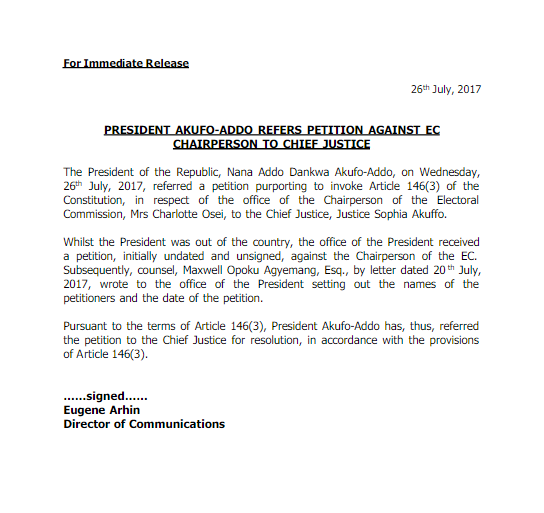 Akufo-Addo forwards petition against Charlotte Osei to CJ