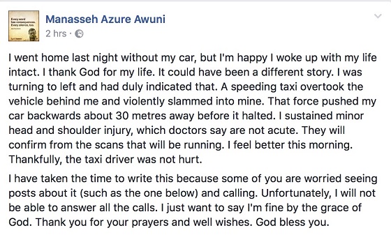 Manasseh Azure Awuni involved in an accident