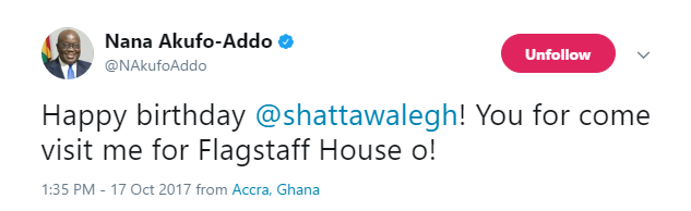 Onaapo Tweet from President Akufo-Addo to Shatta Wale on his birthday