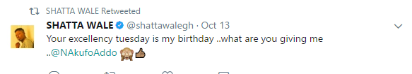 Onaapo Tweet from President Akufo-Addo to Shatta Wale on his birthday