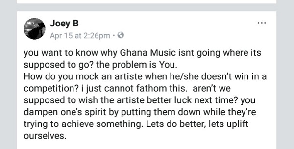 Teasing artistes when they don’t win awards is unnecessary – Joey B